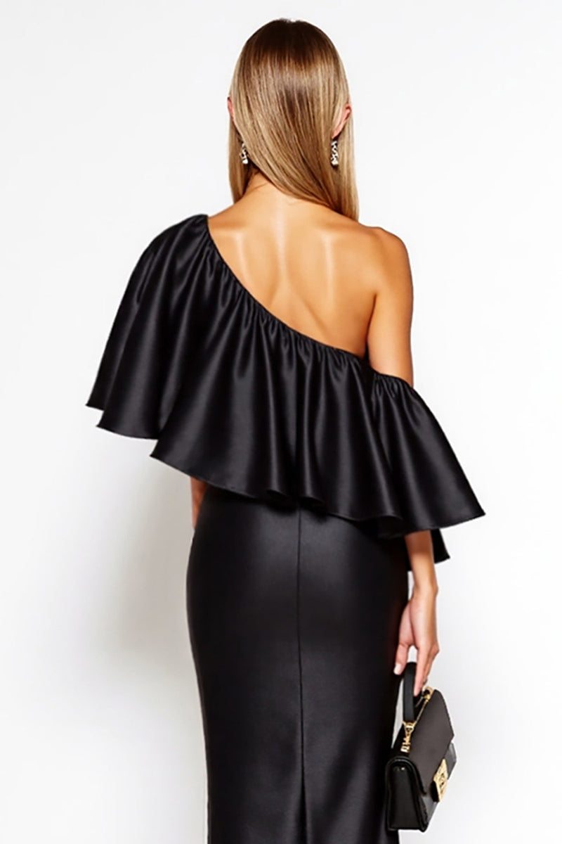 Laden Sie das Bild in den Galerie-Viewer, Etui Eine Schulter Satin Lange Schwarz Krawattenkleid mit Rüschen