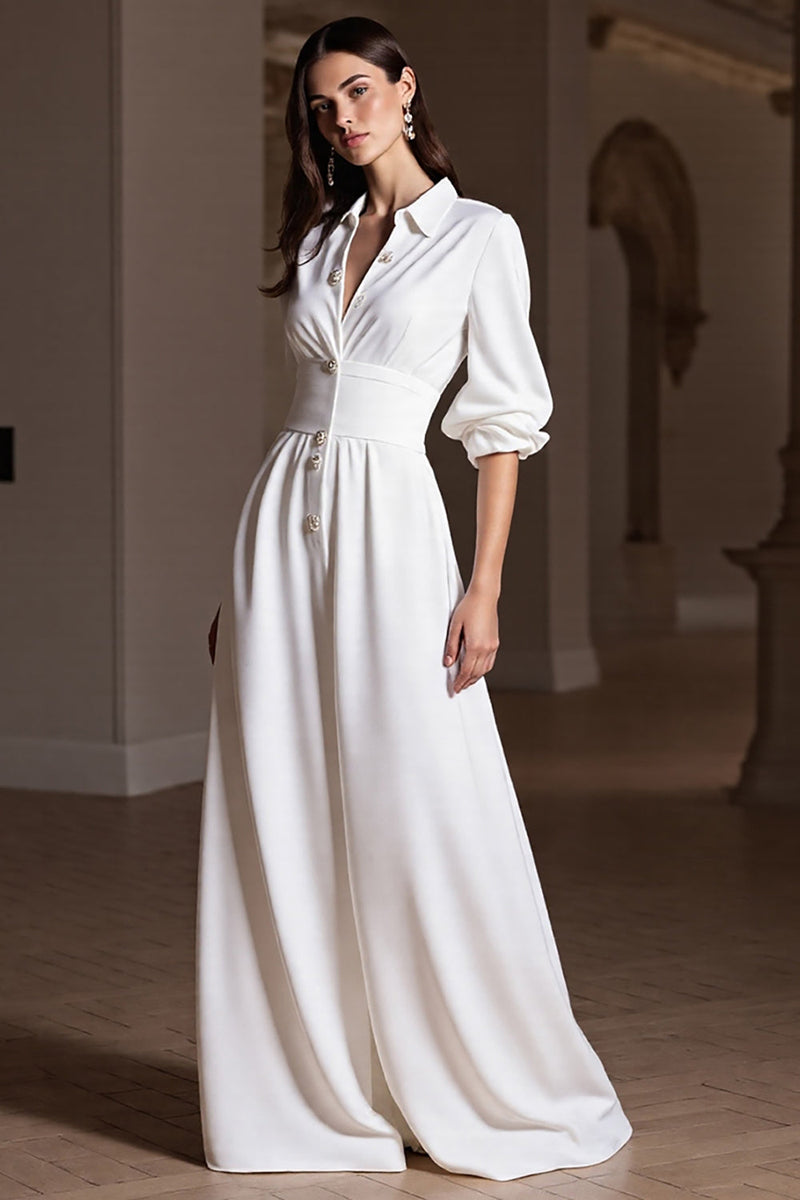 Laden Sie das Bild in den Galerie-Viewer, A Linie Weiß Maxi Formelle Kleid mit Ärmel