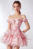 Laden Sie das Bild in den Galerie-Viewer, Pink Blumen Gestufte Schulterfreie Kurze Party Kleid mit Rüschens