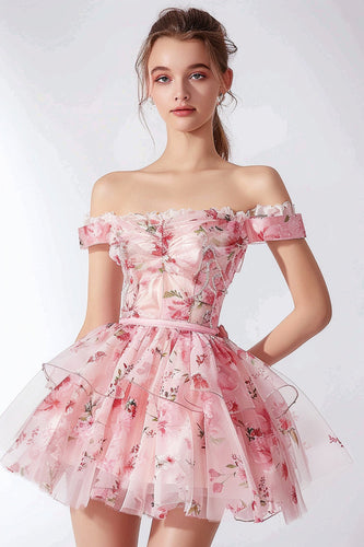 Pink Blumen Gestufte Schulterfreie Kurze Party Kleid mit Rüschens