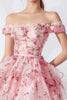 Laden Sie das Bild in den Galerie-Viewer, Pink Blumen Gestufte Schulterfreie Kurze Party Kleid mit Rüschens