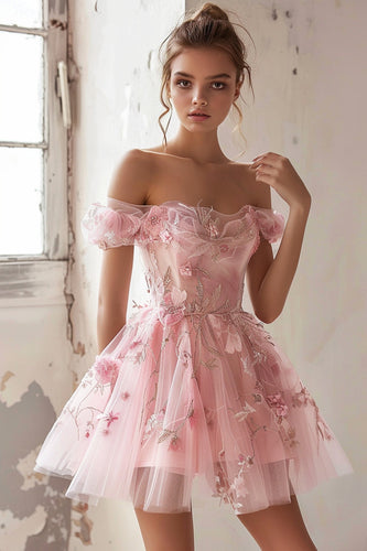 Pink Blumen Rüschend Schulterfreie Tüll Kurze Party Kleid