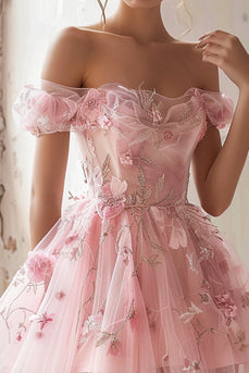 Pink Blumen Rüschend Schulterfreie Tüll Kurze Party Kleid
