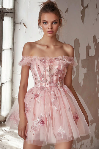 Blumen Pink Korsett Tüll Kurze Party Kleid mit Rüschens
