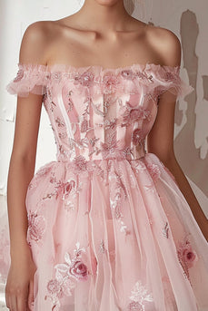 Blumen Pink Korsett Tüll Kurze Party Kleid mit Rüschens