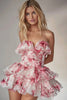 Laden Sie das Bild in den Galerie-Viewer, Pink Blumen Gestufte Trägerlos Kurze Party Kleid mit Rüschens