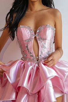 Glitzer Pink Trägerlos Rüschend Kurze Party Kleid mit Perlenverzierung