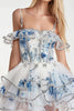 Laden Sie das Bild in den Galerie-Viewer, Glitzer Blumen Weiß und Blau Kurze Korsett Party Kleid mit Rüschens