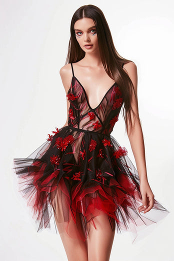 Glitzer Schwarz und Rot Blumen Korsett Kurze Party Kleid mit Rüschens