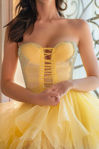 Glitzer Gelb Trägerlos Schnürung Vorne Kurze Party Kleid mit Rüschens