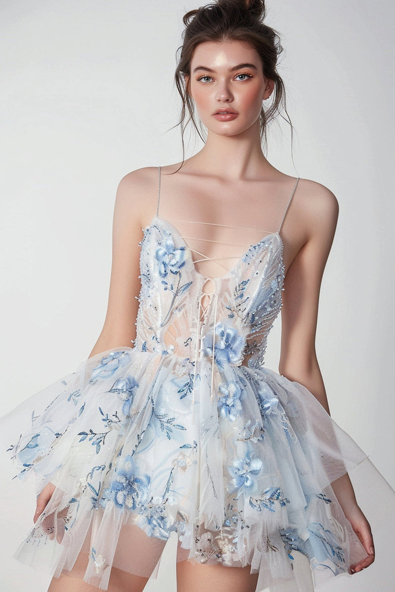 Laden Sie das Bild in den Galerie-Viewer, Glitzer Weiß und Blau Blumen Rüschend Schnürung Vorne Kurze Party Kleid
