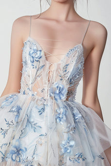 Glitzer Weiß und Blau Blumen Rüschend Schnürung Vorne Kurze Party Kleid