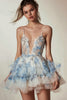 Laden Sie das Bild in den Galerie-Viewer, Glitzer Blumen Weiß und Blau Rüschend Kurze Party Kleid mit Perlen