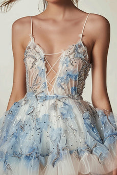 Glitzer Blumen Weiß und Blau Rüschend Kurze Party Kleid mit Perlen