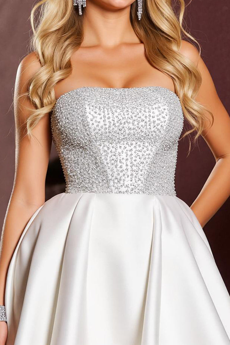Laden Sie das Bild in den Galerie-Viewer, Glitzer Weiß Kurze Trägerlos Satin Party Kleid mit Perlen