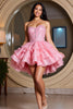 Laden Sie das Bild in den Galerie-Viewer, Glitzer Pink Kurze Herz-Ausschnitt Rüschens Party Kleid mit Perlen
