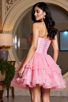 Glitzer Pink Kurze Herz-Ausschnitt Rüschens Party Kleid mit Perlen