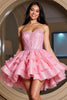 Laden Sie das Bild in den Galerie-Viewer, Glitzer Pink Kurze Herz-Ausschnitt Rüschens Party Kleid mit Perlen