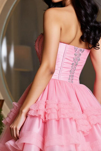 Glitzer Pink Kurze Herz-Ausschnitt Rüschens Party Kleid mit Perlen