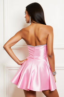 Laden Sie das Bild in den Galerie-Viewer, Glitzer Pink Trägerlos Satin Perlen Party Kleid mit Kurze
