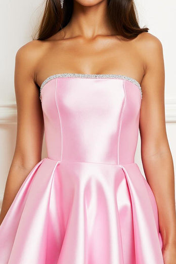 Glitzer Pink Trägerlos Satin Perlen Party Kleid mit Kurze