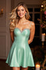 Laden Sie das Bild in den Galerie-Viewer, Glitzer A Linie Grün Satin Kurze Party Kleid mit Perlen