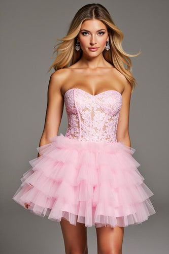 Herz-Ausschnitt Pink Rüschend Kurze Korsett Party Kleid mit Spitze