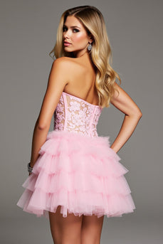 Herz-Ausschnitt Pink Rüschend Kurze Korsett Party Kleid mit Spitze