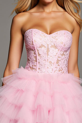 Herz-Ausschnitt Pink Rüschend Kurze Korsett Party Kleid mit Spitze