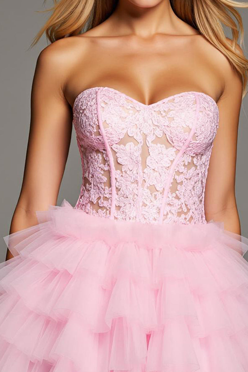 Laden Sie das Bild in den Galerie-Viewer, Herz-Ausschnitt Pink Rüschend Kurze Korsett Party Kleid mit Spitze
