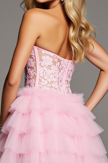 Herz-Ausschnitt Pink Rüschend Kurze Korsett Party Kleid mit Spitze