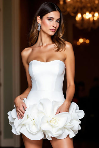 Blumen Weiß Trägerlos Satin Kurze Enges Party Kleid