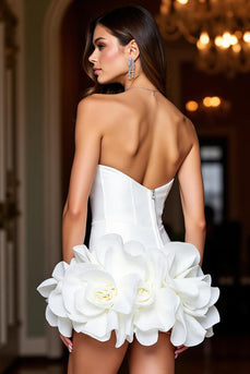 Blumen Weiß Trägerlos Satin Kurze Enges Party Kleid