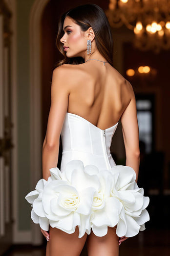 Blumen Weiß Trägerlos Satin Kurze Enges Party Kleid
