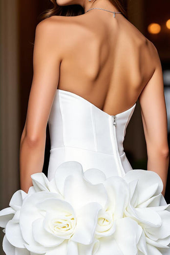 Blumen Weiß Trägerlos Satin Kurze Enges Party Kleid