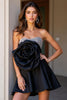 Laden Sie das Bild in den Galerie-Viewer, Glitzer Schwarz Herz-Ausschnitt Kurze Satin Party Kleid mit 3D Blume
