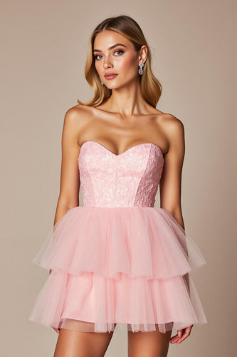 Pink Herz-Ausschnitt Tüll A Linie Kurze Party Kleid mit Rüschens