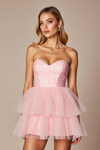 Pink Herz-Ausschnitt Tüll A Linie Kurze Party Kleid mit Rüschens