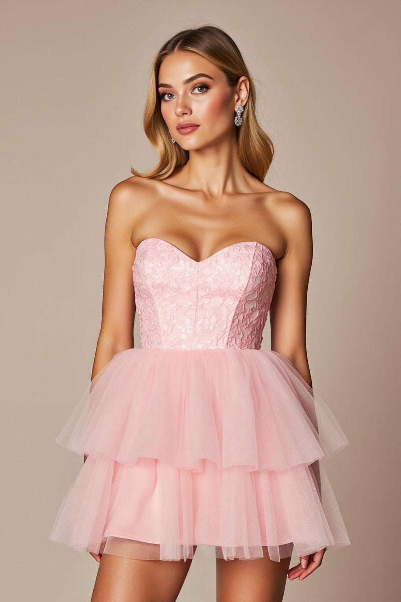 Laden Sie das Bild in den Galerie-Viewer, Pink Herz-Ausschnitt Tüll A Linie Kurze Party Kleid mit Rüschens