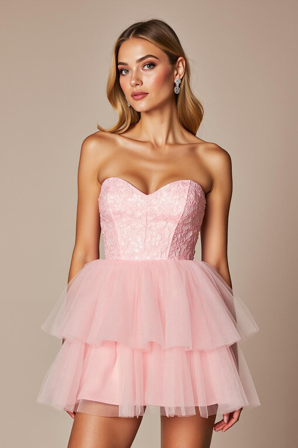 Pink Herz-Ausschnitt Tüll A Linie Kurze Party Kleid mit Rüschens