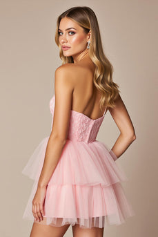 Pink Herz-Ausschnitt Tüll A Linie Kurze Party Kleid mit Rüschens