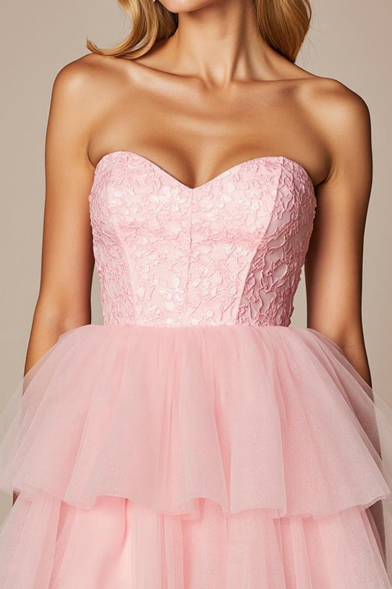 Laden Sie das Bild in den Galerie-Viewer, Pink Herz-Ausschnitt Tüll A Linie Kurze Party Kleid mit Rüschens