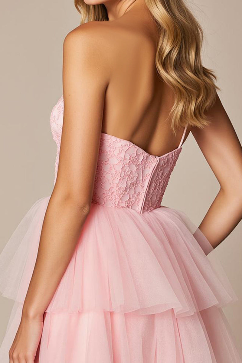 Laden Sie das Bild in den Galerie-Viewer, Pink Herz-Ausschnitt Tüll A Linie Kurze Party Kleid mit Rüschens