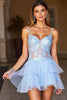 Laden Sie das Bild in den Galerie-Viewer, Blau Spaghettiträger Tüll Kurze Party Kleid mit Spitze A Linie Gestufte Rüschend Cocktail Kleid