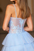 Laden Sie das Bild in den Galerie-Viewer, Blau Spaghettiträger Kurze A Linie Party Kleid mit Spitze
