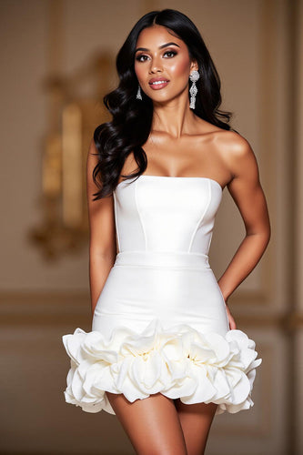 Weiß Trägerlos Rüschens Kurze Satin Korsett Party Kleid