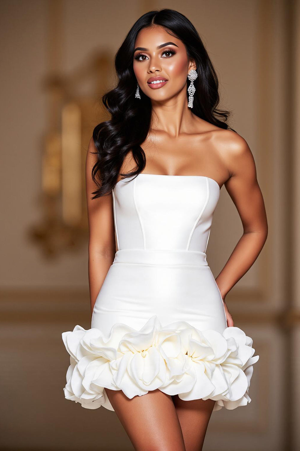 Weiß Trägerlos Rüschens Kurze Satin Korsett Party Kleid
