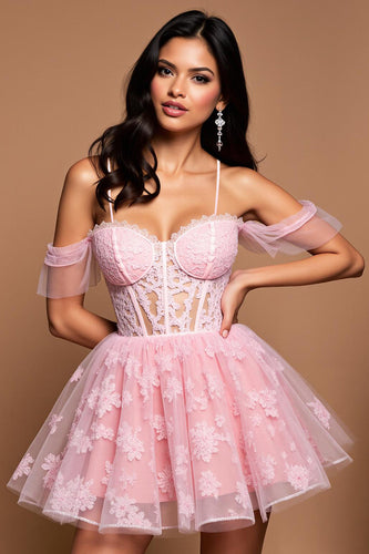 Spitze Pink A Linie Tüll Kurze Korsett Party Kleid