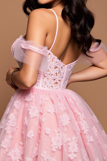 Spitze Pink A Linie Tüll Kurze Korsett Party Kleid