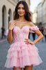 Laden Sie das Bild in den Galerie-Viewer, Pink A Linie Tüll Kurze Korsett Party Kleid mit Applikationen